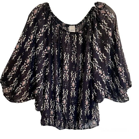 Ahto Tops - Ahto USA Large Blouse Navy Print Sheer Southwest Geometric Dolman Sleeve